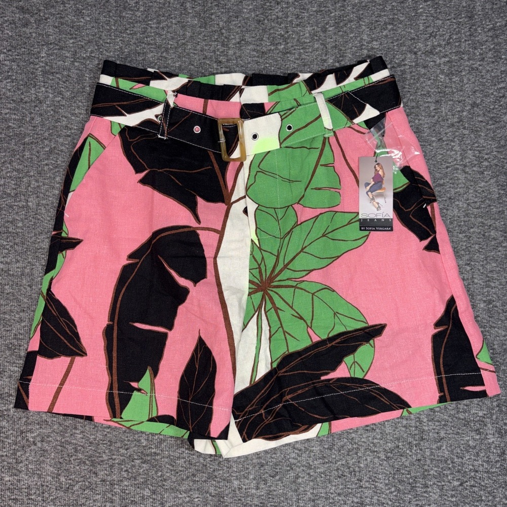 NWT Sofia Jeans Women's Blend Paperbag Chino Floral Linen Shorts w/ Belt Size 2